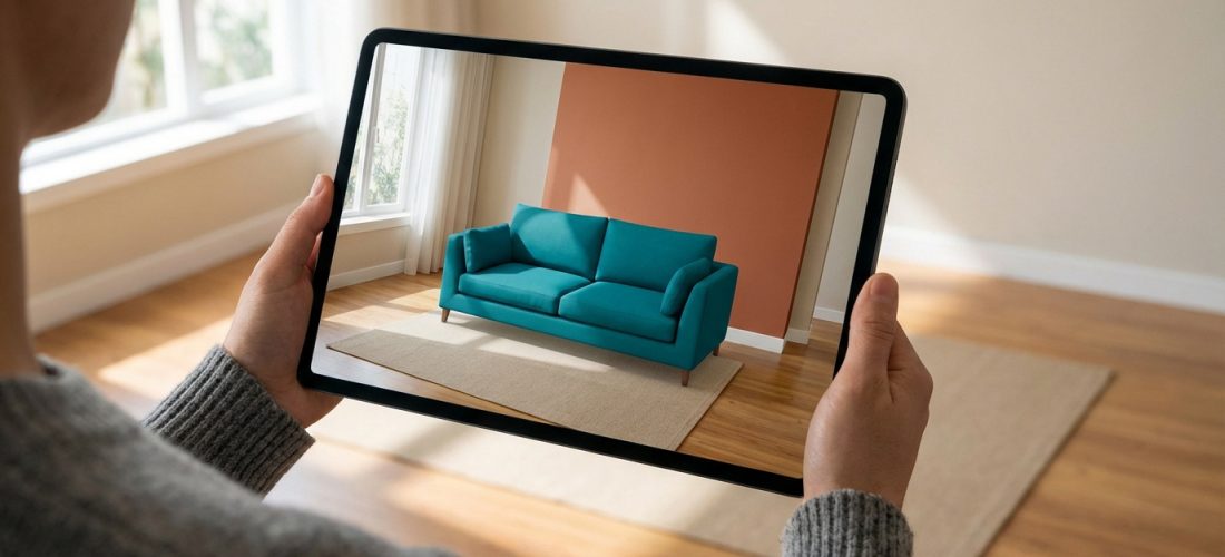 Une personne tient une tablette montrant un canapé turquoise en réalité augmentée dans un intérieur vide, simulant un aménagement.
