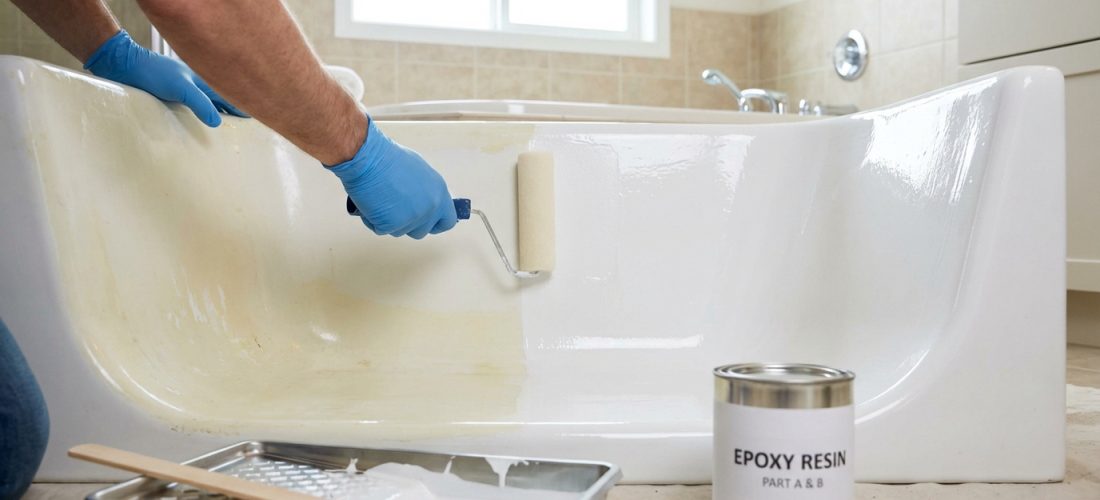 Personne en gants bleus peignant l'intérieur d'une baignoire avec un rouleau et de la résine époxy blanche.