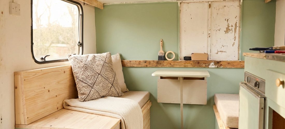 Intérieur d'une caravane rénovée: banc en bois clair, mur vert d'eau, coussin, plaid, outils de peinture sur étagère.