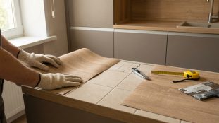 Mains gantées posant du stratifié aspect bois sur un plan de travail carrelé. Cutter, mètre et spatule sont à proximité.