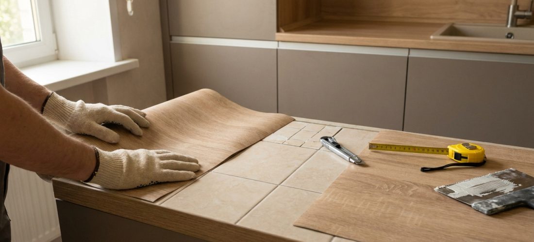 Mains gantées posant du stratifié aspect bois sur un plan de travail carrelé. Cutter, mètre et spatule sont à proximité.