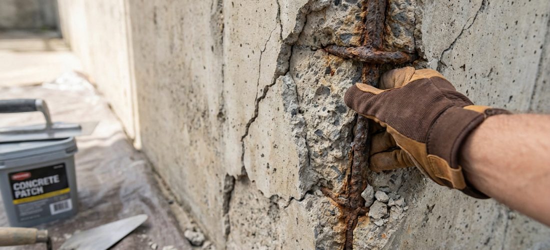 Main gantée inspectant des épaufrures de béton avec armature rouillée. Produit de réparation et truelles en arrière-plan.