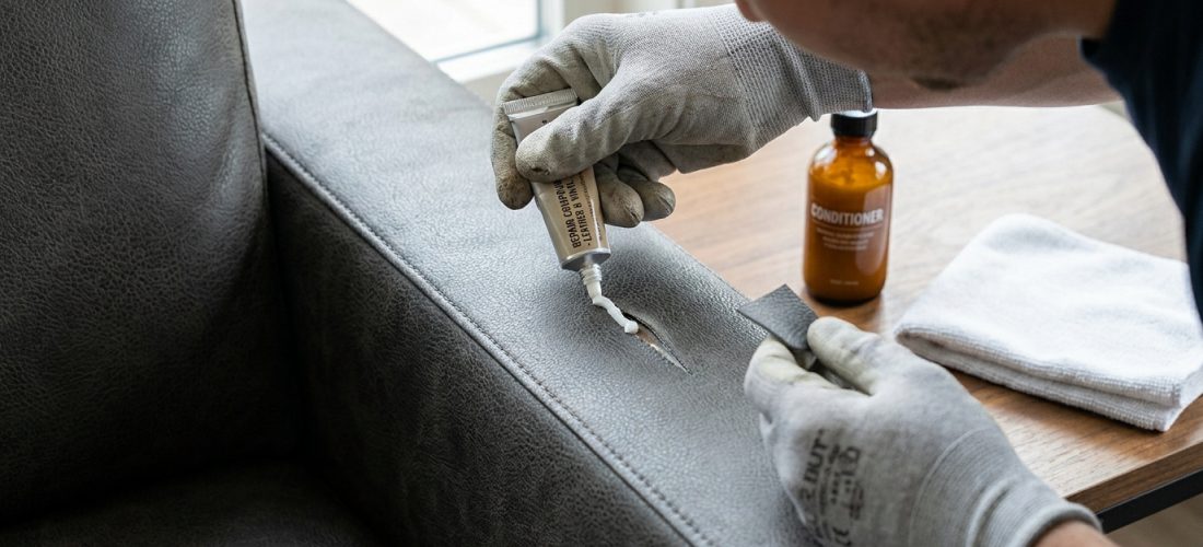 Personne en gants appliquant une pâte de réparation sur une déchirure d'un accoudoir de canapé gris en skaï ou vinyle.