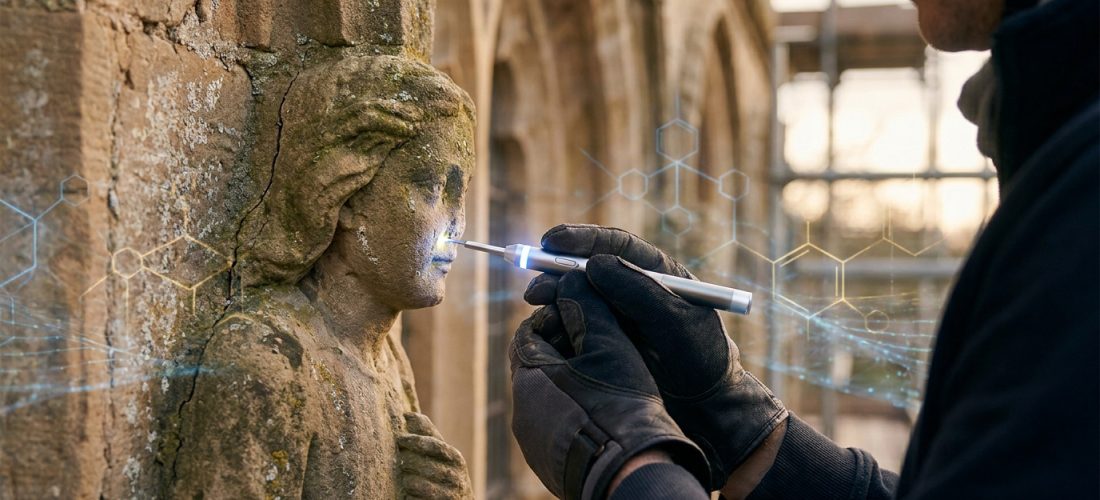 Un expert analyse une statue ancienne en pierre avec un outil de précision numérique.