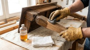 Une personne gantée décire un meuble en bois avec de la laine d'acier et de l'essence de térébenthine.