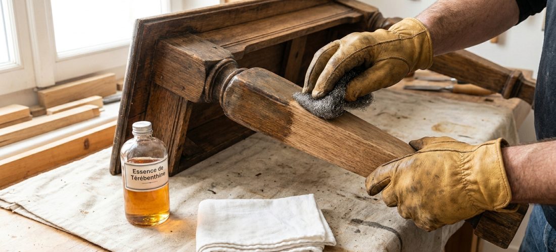 Une personne gantée décire un meuble en bois avec de la laine d'acier et de l'essence de térébenthine.