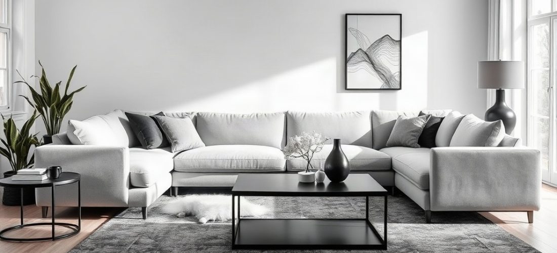 salon moderne en gris blanc noir avec canap velour