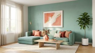 Salon contemporain lumineux avec canapé d'angle vert d'eau, mur assorti, coussins corail, tableau abstrait et grande plante verte.