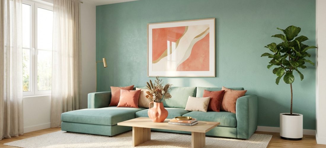 Salon contemporain lumineux avec canapé d'angle vert d'eau, mur assorti, coussins corail, tableau abstrait et grande plante verte.