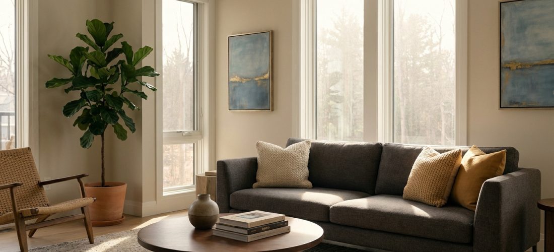 Salon contemporain baigné de lumière naturelle avec canapé gris, fauteuil tressé, plante figuier, et tableaux abstraits.