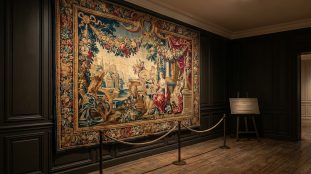 Grande tapisserie d'Aubusson colorée, scène de figures classiques et flore luxuriante, sur mur sombre. UNESCO patrimoine.