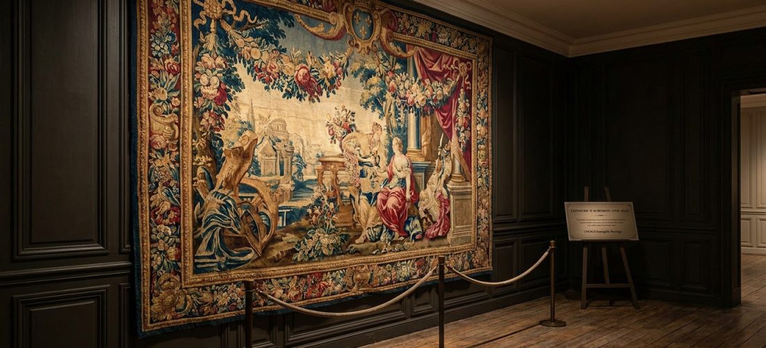 Grande tapisserie d'Aubusson colorée, scène de figures classiques et flore luxuriante, sur mur sombre. UNESCO patrimoine.