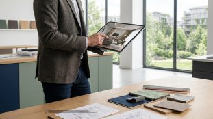 Un architecte d'intérieur utilise une tablette affichant un salon moderne, avec des échantillons de matériaux et des plans sur une table.