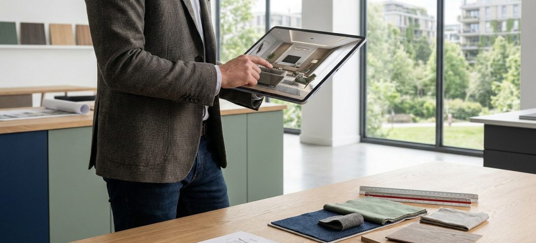 Un architecte d'intérieur utilise une tablette affichant un salon moderne, avec des échantillons de matériaux et des plans sur une table.
