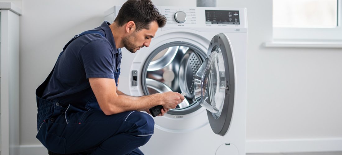 technicien inspectant le tambour d un lave linge