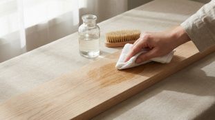Une main applique un produit incolore sur du bois brut avec un chiffon blanc. Bouteille et brosse à poils naturels sur table.