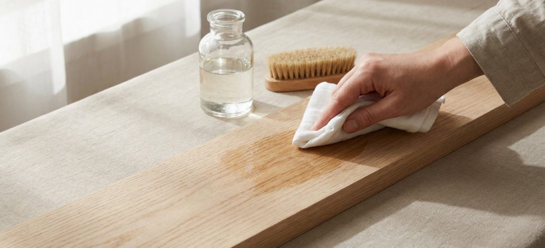 Une main applique un produit incolore sur du bois brut avec un chiffon blanc. Bouteille et brosse à poils naturels sur table.