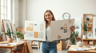 tudiante en cole de d coration pr sentant ses plan