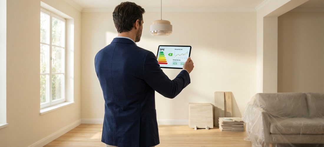 Un homme analyse le DPE d'un bien immobilier vide sur sa tablette, avec un canapé bâché en arrière-plan.
