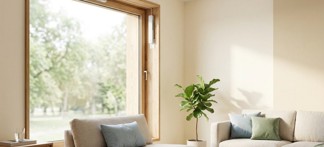 Salon moderne avec grande fenêtre en bois, canapés clairs, plante. Capteurs blancs pour aération sans percer sur le cadre.