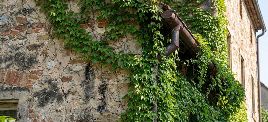 Façade ancienne en pierre et brique envahie par la vigne vierge, ses racines s'infiltrant dans les fissures près d'une gouttière rouillée.